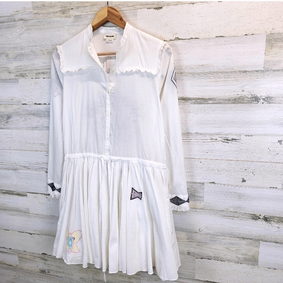 Zadig & Voltaire Ranil White Cotton Embroidered Dress XS Boho Chic Western Mini - Picture 4 of 16